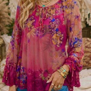 Biya Johnny Was Mazzy Floral Blouse Top Sheer Eyelets XS NEW WITH TAGS w Liner